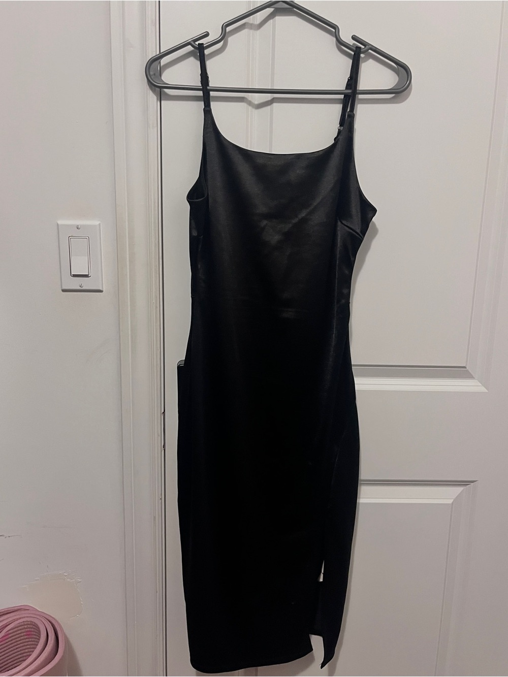 Black Satin Slip Dress with Side Slit